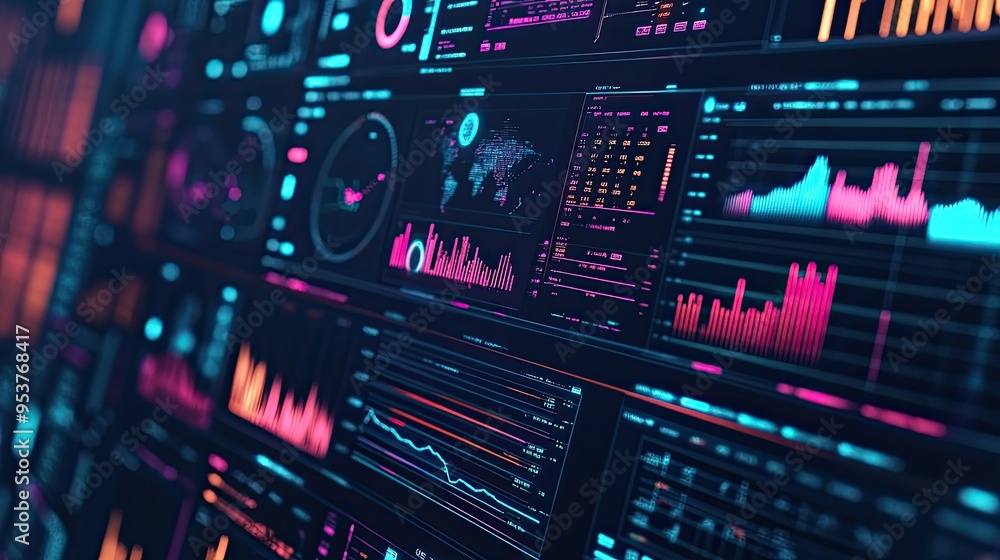 Poster A digital dashboard with various graphs and charts representing business analytics on a high-tech background.