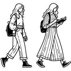 Two Women Walking, One Reading a Book.