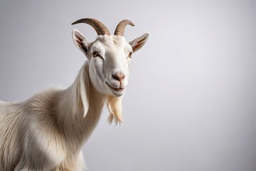 there is a goat with long horns standing in front of a gray background                       