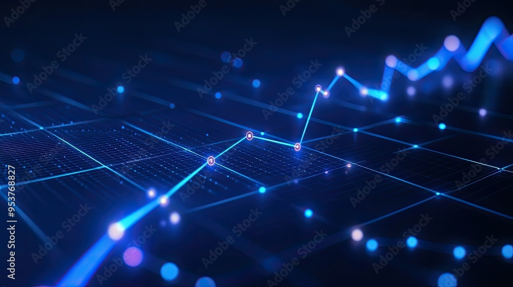 Poster a line graph showing an upward trend on a blue background with glowing data points and grid lines.