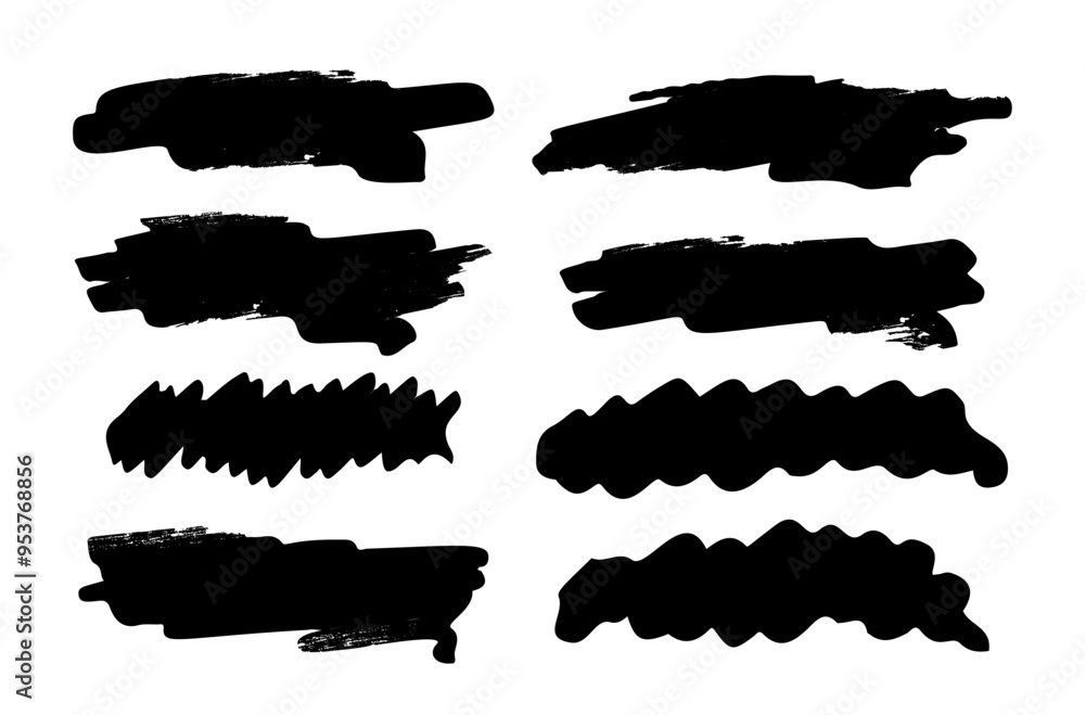 Poster collection of abstract black brush strokes isolated on white background creating a bold artistic des