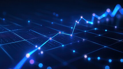 Fototapeta premium A line graph showing an upward trend on a blue background with glowing data points and grid lines.
