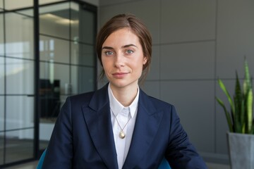 Businesswoman portrait. Professional woman wearing a suit, looking confidently at the camera. This image conveys power, leadership, and success.