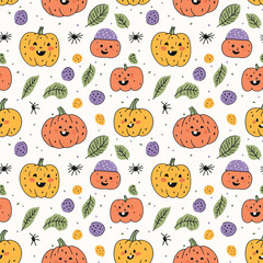Seamless playful Halloween pattern with smiling pumpkins, leaves, and colorful accents