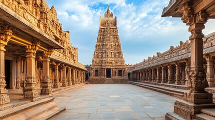 Obraz premium A panoramic view of the Brihadeeswarar Temple in Tamil Nadu, with its towering vimana and detailed carvings.