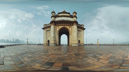 Obraz premium A panoramic view of the Gateway of India in Mumbai, with its imposing structure and detailed design.