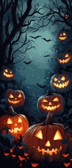 A spooky Halloween scene featuring glowing jack-o'-lanterns amidst dark trees and an eerie atmosphere.