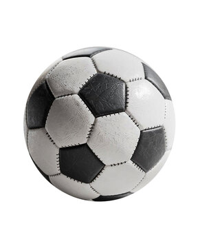 Fototapeta Close-up of a black and white leather soccer ball rendered in 3D, isolated on a clean white background. Generative AI