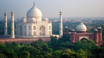 Obraz premium A panoramic view of the majestic Taj Mahal, with its iconic white marble domes and minarets.