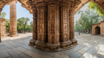 Fototapeta premium A panoramic view of the Qutub Minar, showcasing its towering height and detailed carvings.