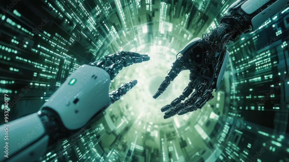Poster Two Robotic Arms Reaching Towards a Central Light Source in a Futuristic Server Room