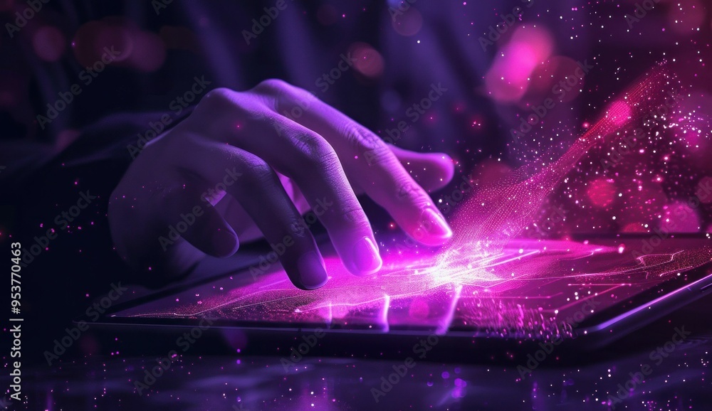 Poster futuristic hand interacting with a glowing holographic interface on a tablet background features vib