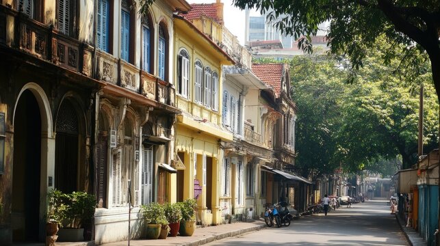 A quiet corner of the Colaba Causeway, lined with shops and colonial-era buildings.