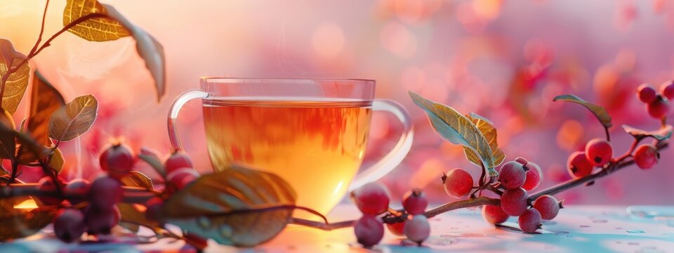 A cup of tea with fresh wild berries next to it. The background is a solid color with bright and pastel shades. Rooibos branches are scattered around.