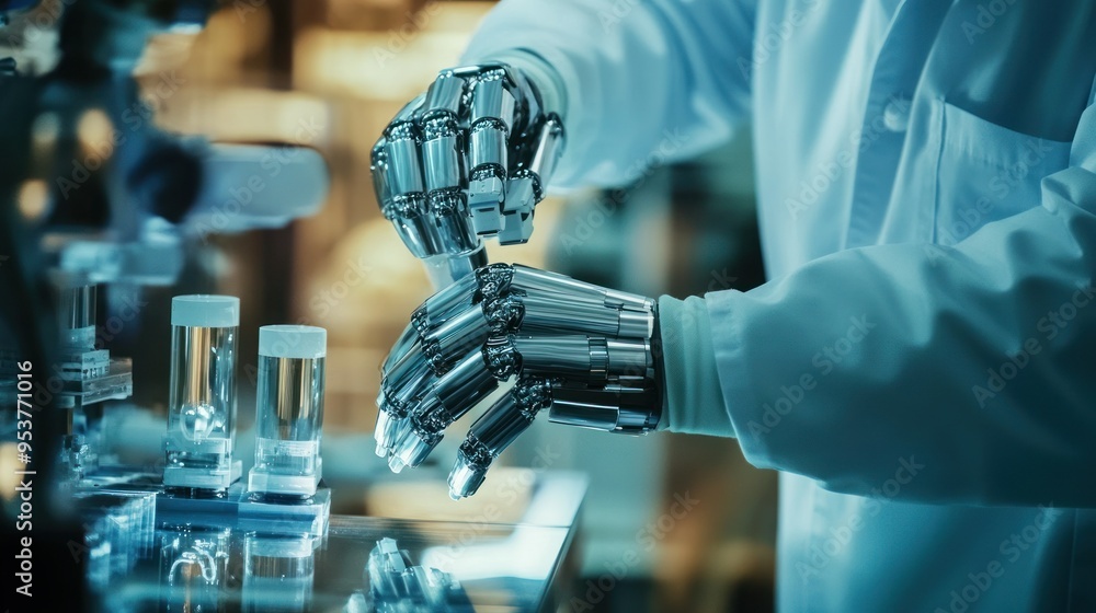 Poster a robotic hand manipulating test tubes in a laboratory