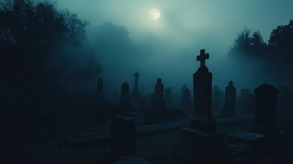 A foggy night at a cemetery with gravestones barely visible through the mist, a ghostly figure drifting among the tombstones, and the moon shining brightly above