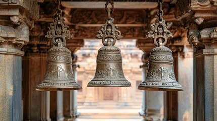 Fototapeta premium A set of traditional Indian brass bells hanging from a temple entrance, with intricate carvings on the walls.