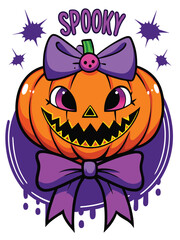 Vibrant and Spooky Halloween Design with Grinning Jack-o'-Lantern Wearing a Purple Bow, Surrounded by Bats, Dripping Letters, and Twinkling Stars in Orange and Purple, Isolated with No Background