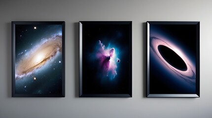 Three frames on the wall display mesmerizing swirl galaxy images with sharp details and cosmic colors. Perfect for modern decor.
