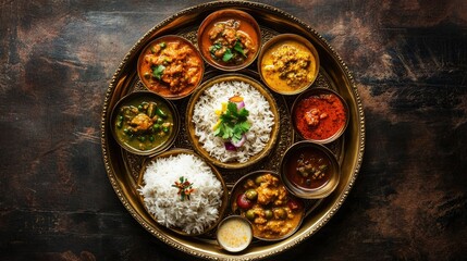 A traditional brass thali with an array of Indian dishes, including rice, curry, and pickles, arranged neatly.