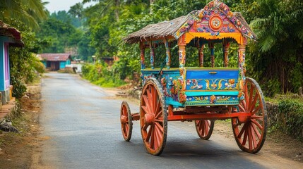 Fototapeta premium A traditional Indian bullock cart, painted in bright colors, parked by a village roadside.