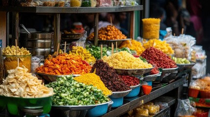 Fototapeta premium A traditional Indian chaat (snack) stall, with an array of ingredients and colorful bowls arranged neatly.