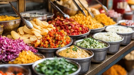 Fototapeta premium A traditional Indian chaat (snack) stall, with an array of ingredients and colorful bowls arranged neatly.