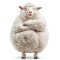 Fototapeta premium Fluffy white goat with crossed hooves and a peaceful smile on white background