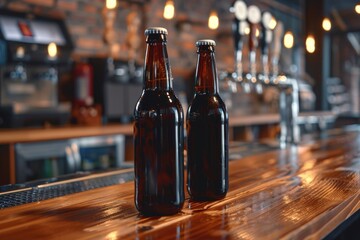 Microbrewery pub with dark beer bottles on wooden bar.