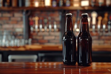 Microbrewery pub with dark beer bottles on wooden bar.