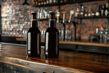 Microbrewery pub with dark beer bottles on wooden bar.