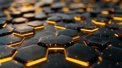 Obraz premium A close-up view of a futuristic, hexagonal surface with glowing edges, creating a dynamic and vibrant visual effect.