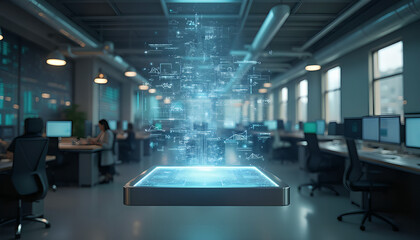 a sleek, silver device with a glowing white screen hovers in the center of a modern modern room The screen displays a complex data processing process complex mathematical equations generative ai 