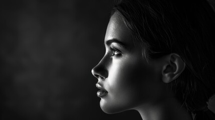 Fototapeta premium A graceful woman with her face separated, one side in shadow, the other side illuminated by light.
