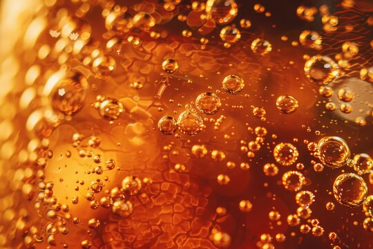 Close up lager beer bubbles and froth in glass texture.