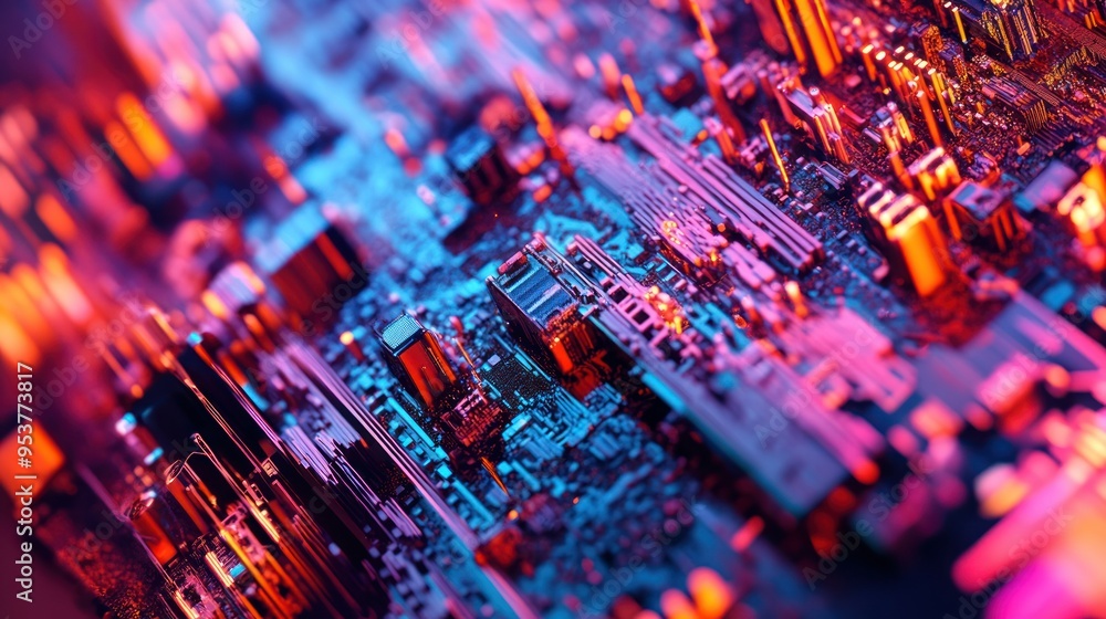 Poster close-up view of a vibrant circuit board with red and blue lighting