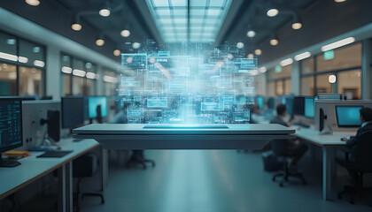 a sleek, silver device with a glowing white screen hovers in the center of a modern modern room The screen displays a complex data processing process complex mathematical equations generative ai 