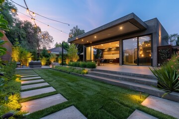 Obraz premium Modern Backyard with Concrete Steps, String Lights, Lush Green Grass, Flowering Trees, and Warm Ambiance for Relaxation or Social Gatherings at Dusk