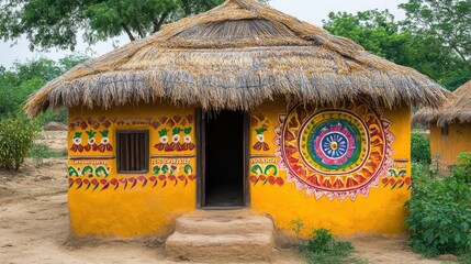 A traditional Indian village hut made of clay and thatch, with colorful patterns painted on the walls.