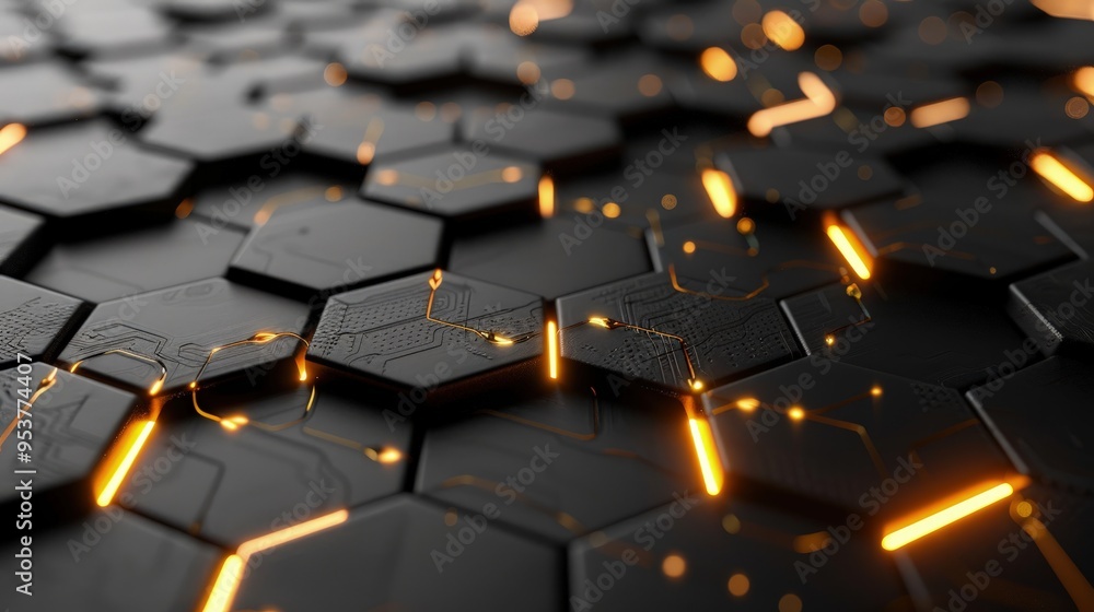 Poster a close-up view of a dark hexagonal pattern with glowing orange lines, suggesting a futuristic or te
