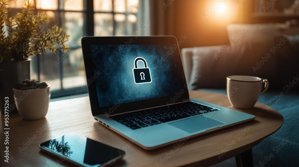Poster laptop and smartphone with digital lock icons on the screen in a cozy home setting. represents onlin