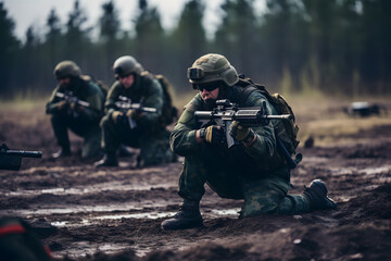 Fototapeta premium soldiers military training on shooting range, soldiers on shooting range training for combat