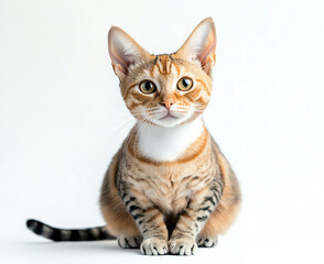 Fototapeta premium Adorable Bengal cat sitting calmly with bright eyes, showcasing its unique fur pattern and playful personality.