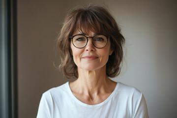 Fototapeta premium A middle-aged woman with glasses looks straight ahead with a slight smile, white t-shirt