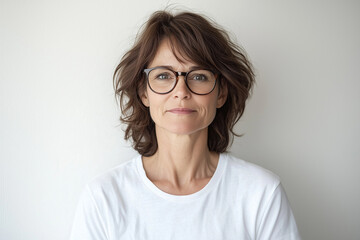 Fototapeta premium A middle-aged woman with glasses looks straight ahead with a slight smile, white t-shirt