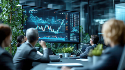 Business professionals analyzing financial data on a large screen during a meeting in a modern office environment.