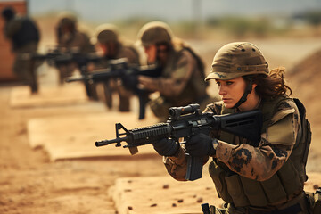 Fototapeta premium soldiers military training on shooting range, soldiers on shooting range training for combat