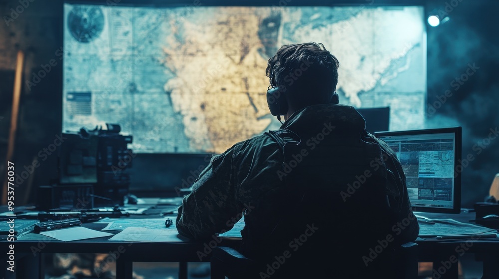 Poster tactical planning in a war room, soldier engaging with maps and advanced technology. strategic setti