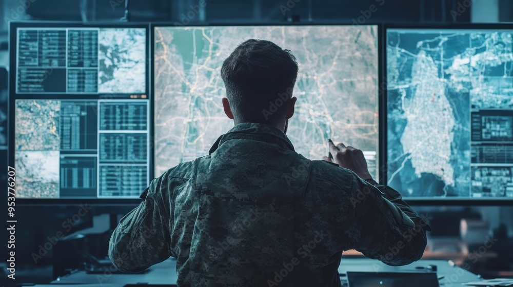 Poster tactical planning in a war room, soldier engaging with maps and advanced technology. strategic setti