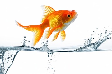 there is a goldfish jumping out of the water to catch a fish                        